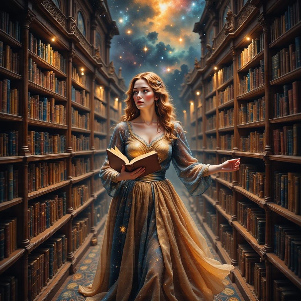 Celestial Librarian in a Baroque Fantasy Library