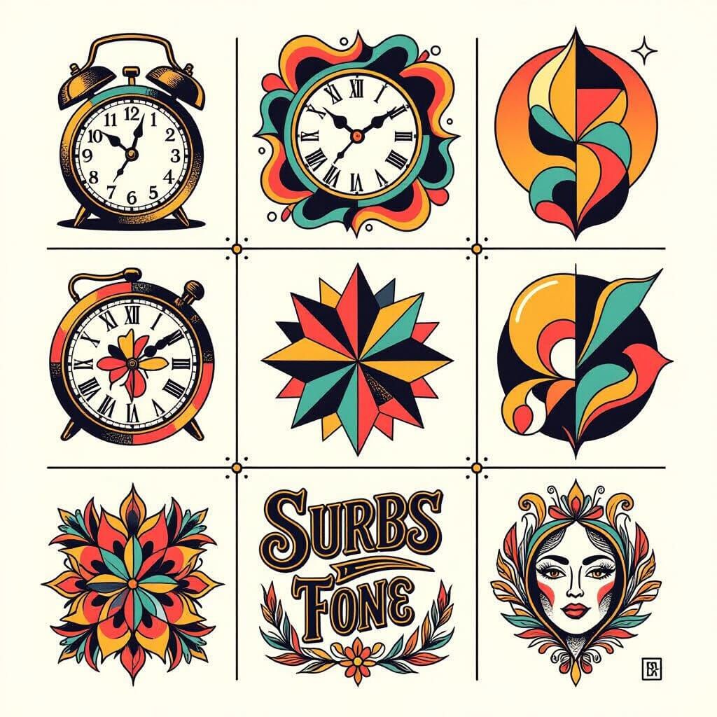 Tattoo Flash Sheet with Art Movement Designs