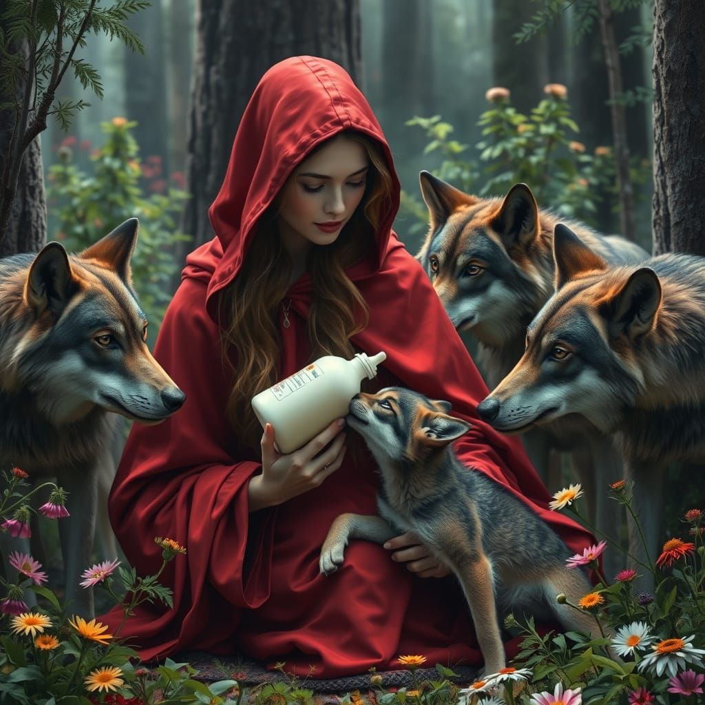 Woman Feeds Wolf Cub in Lush Forest