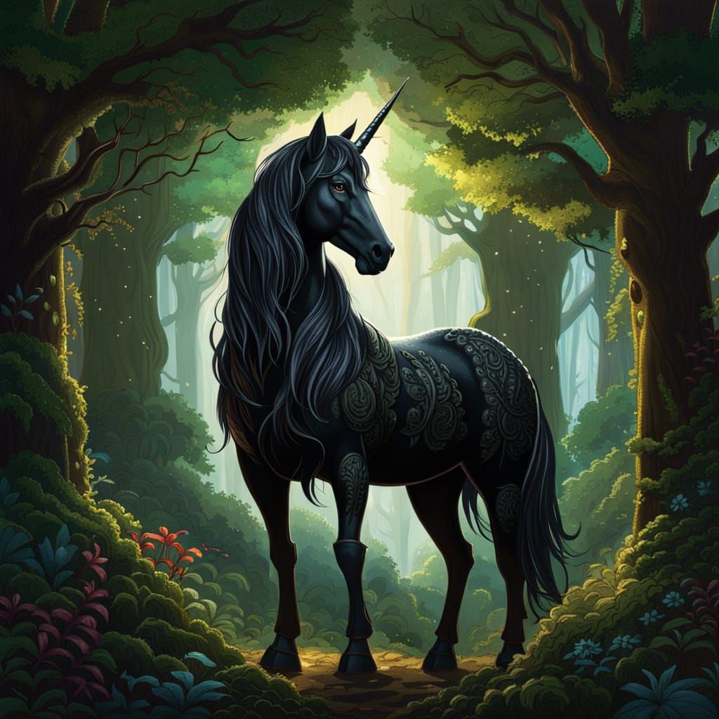 Black Unicorn in Lush Forest, Don Bluth Style