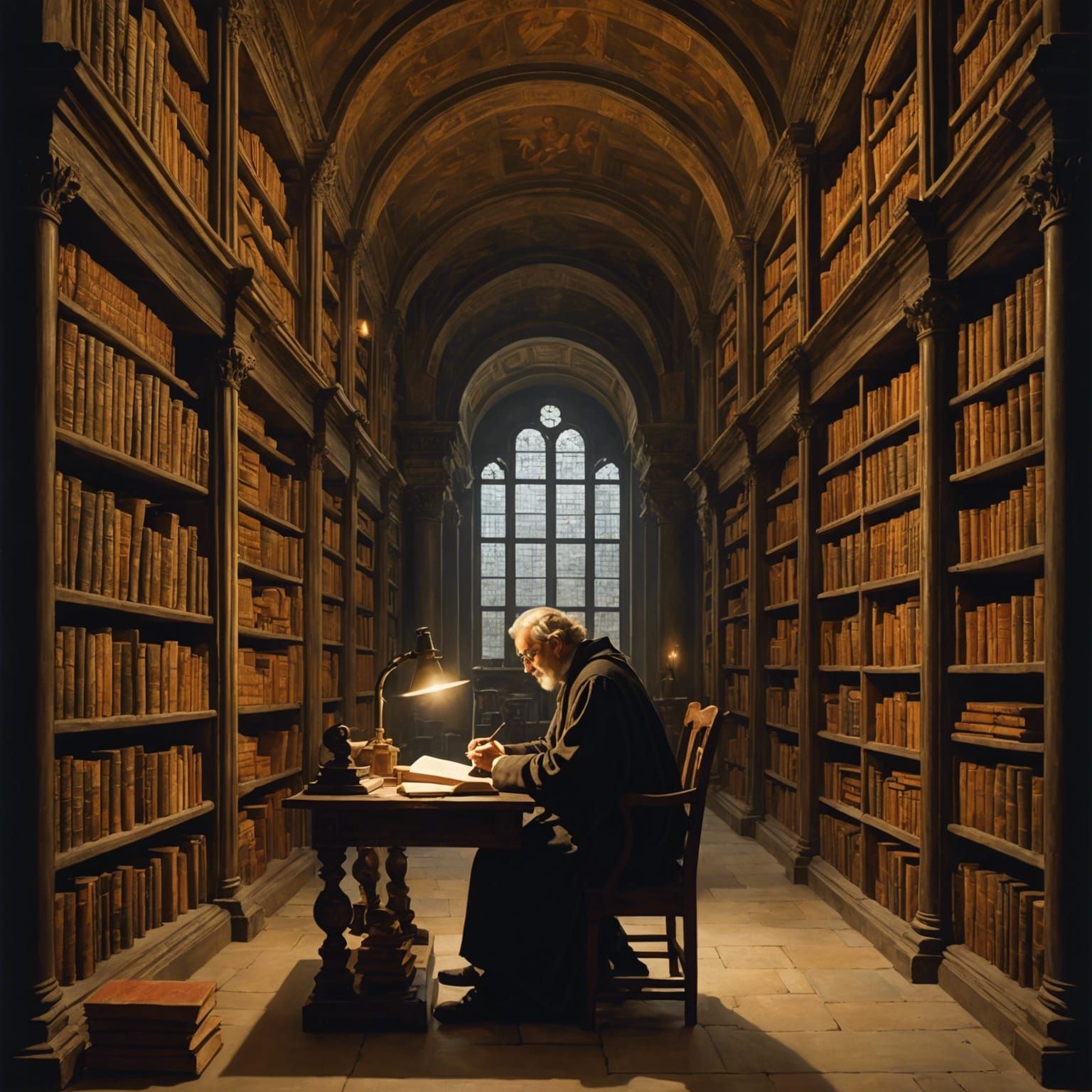 Scholars in Library: Gouache and Watercolor Painting