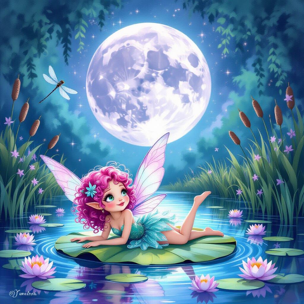 Enchanting Pixie on Lily Pad Under Holographic Moon