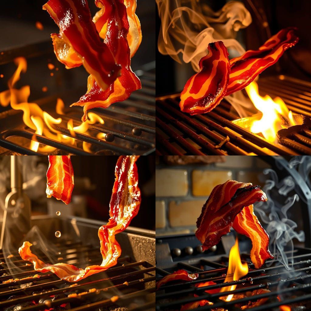 Bacon Slices Falling onto a Sizzling Grill