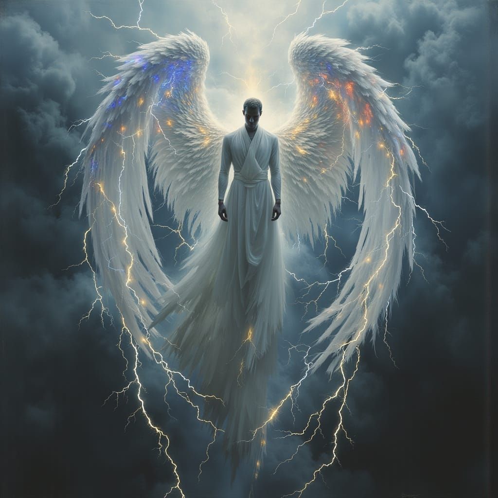Angelic Figure Descends in Dark Oil Paint Style