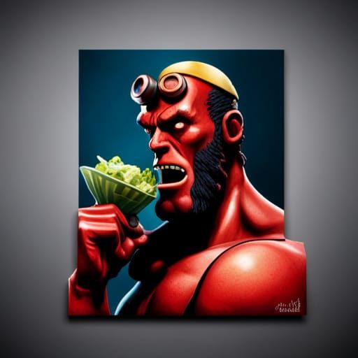 Hellboy Laughing and Eating Salad in Splash Art