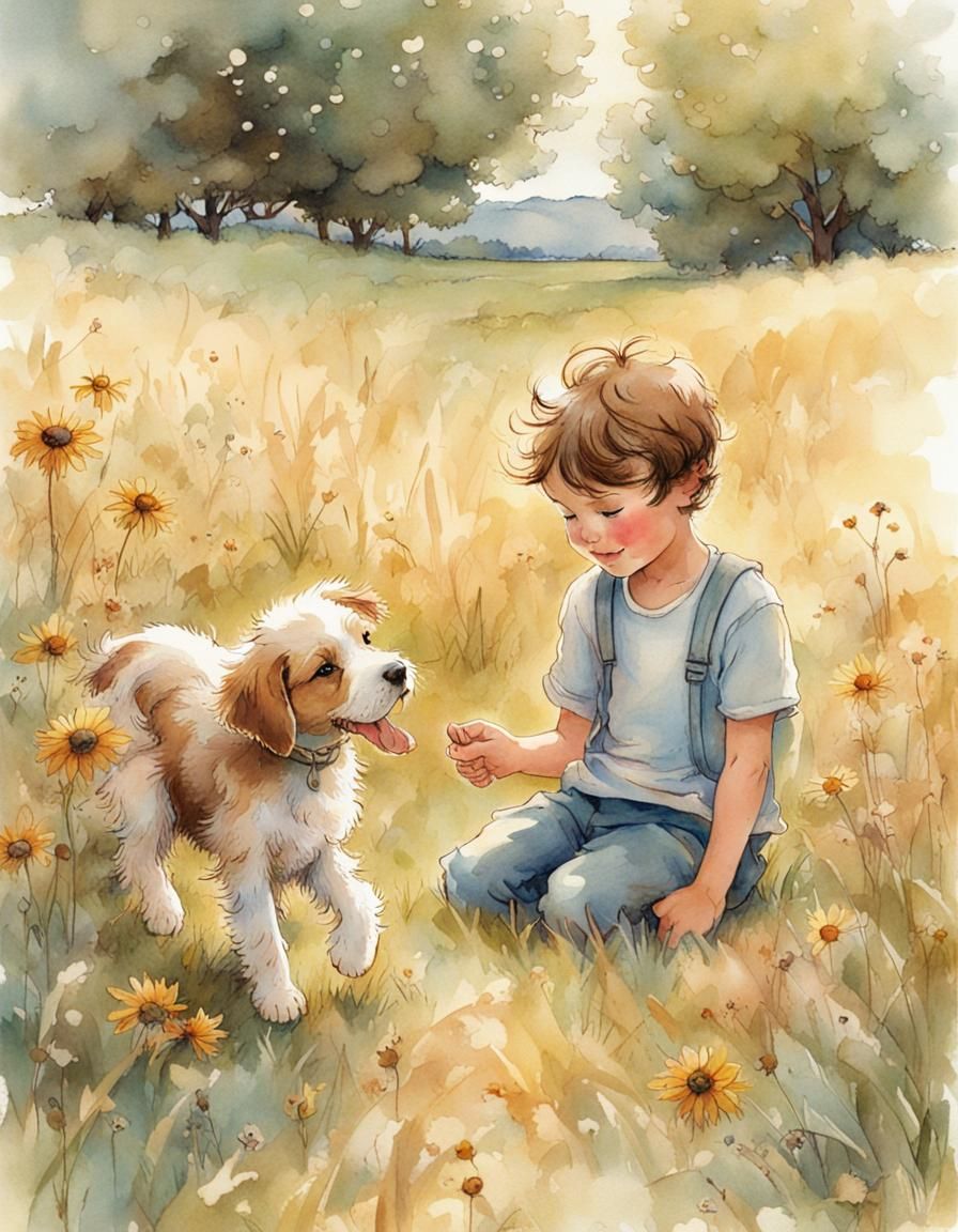Boy and Puppy in Field: Sarah Kay Style