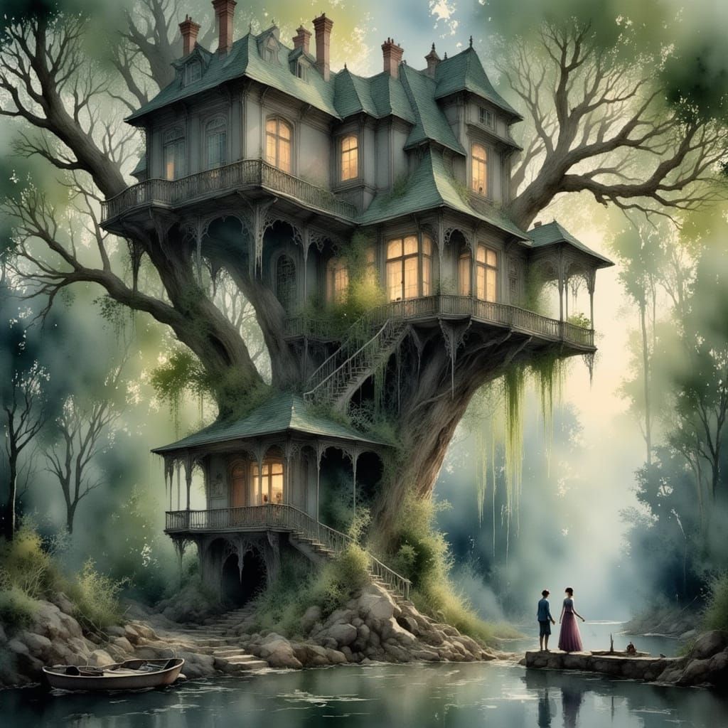 Ancient Swamp Treehouse: A Living Home in Ethereal Mist