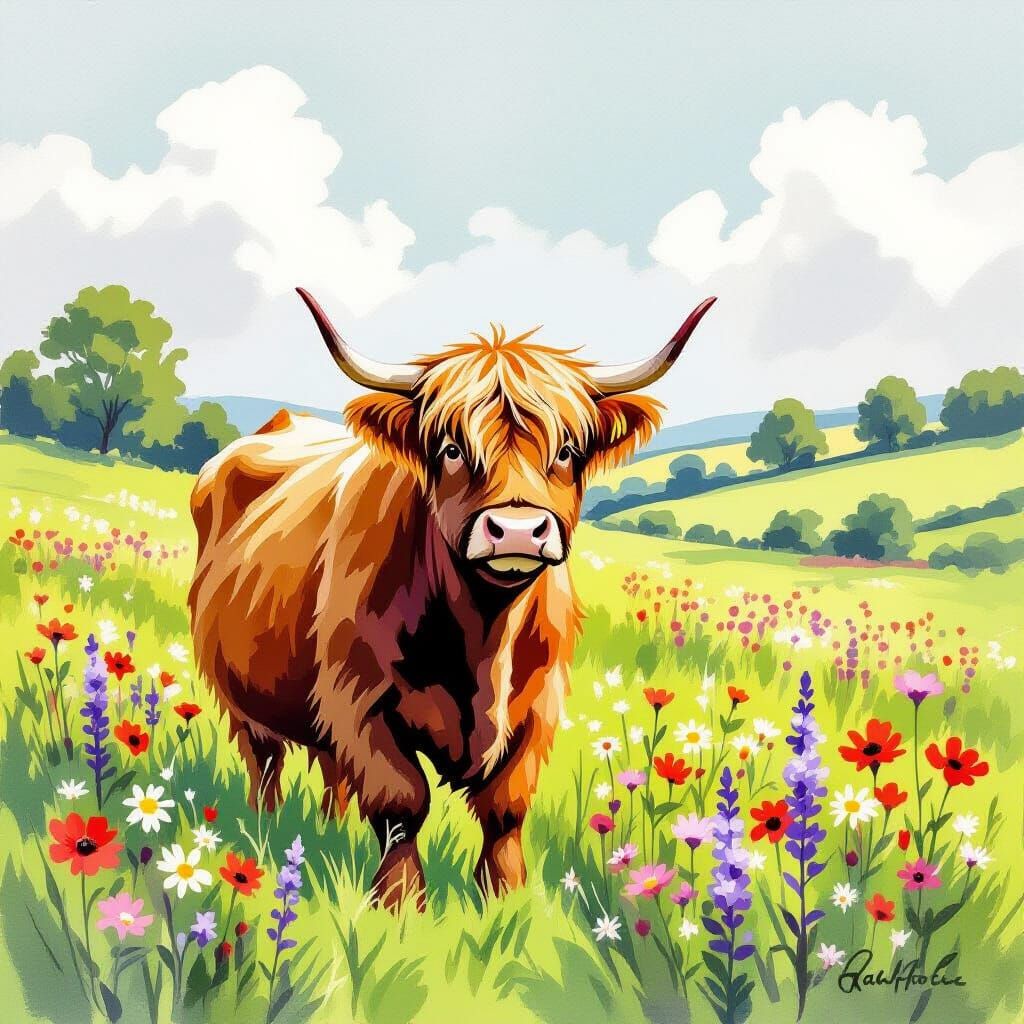 Highland Cow in Watercolour Meadow