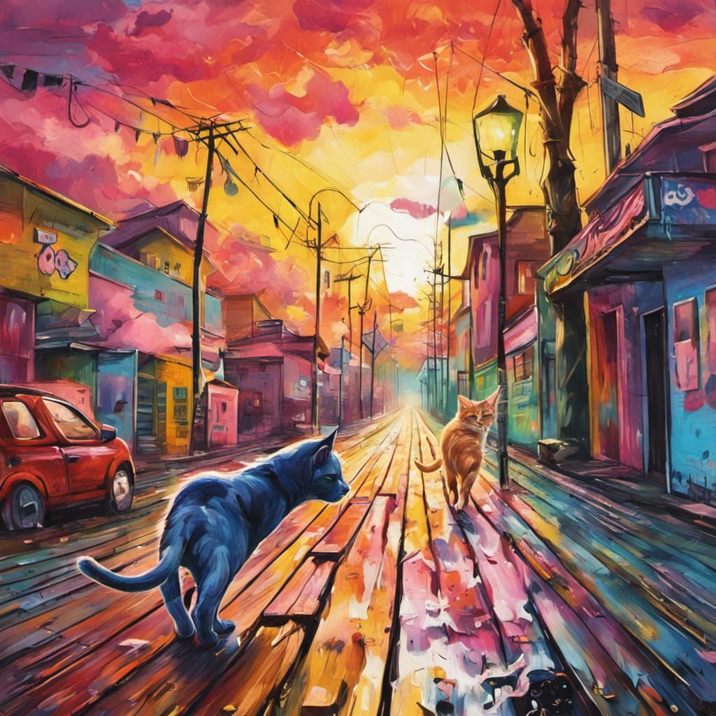 Humorous Cat Walks Dog in Colorful Graffiti Art