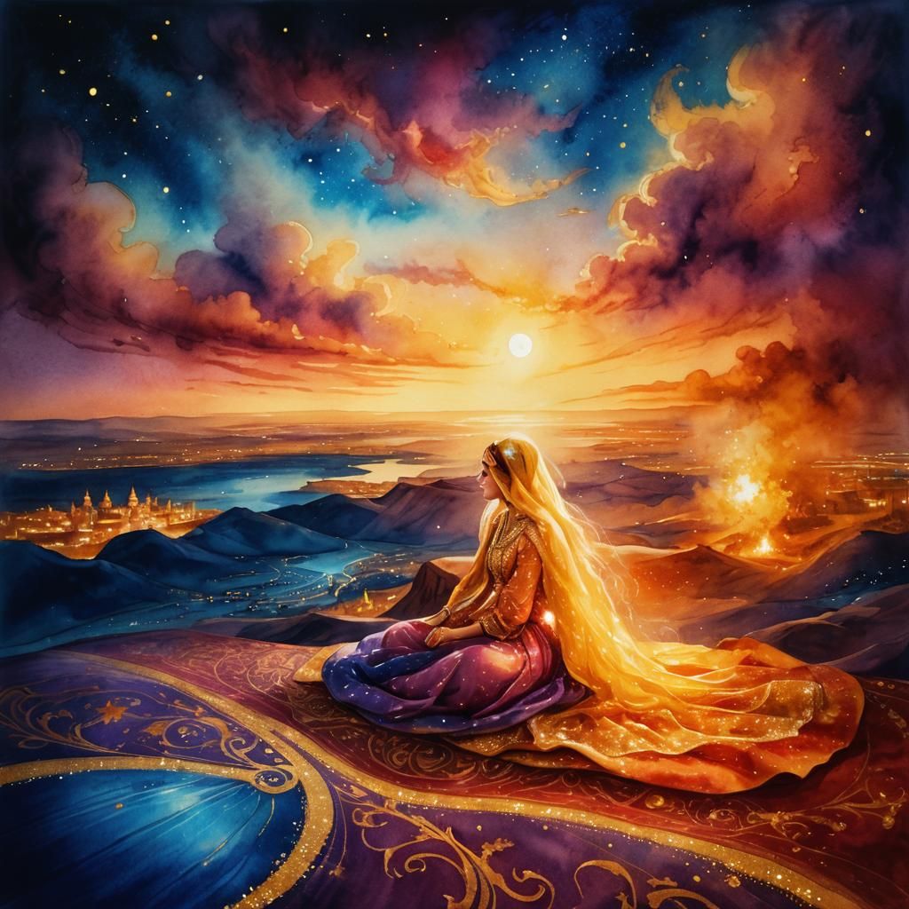 A princess sit on the Flying magic carpet