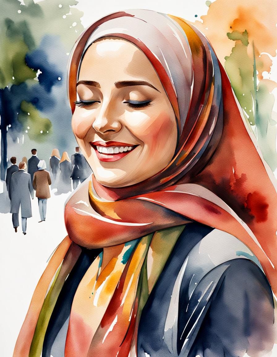 Elegant Watercolor Portrait of Smiling Woman in Hijab