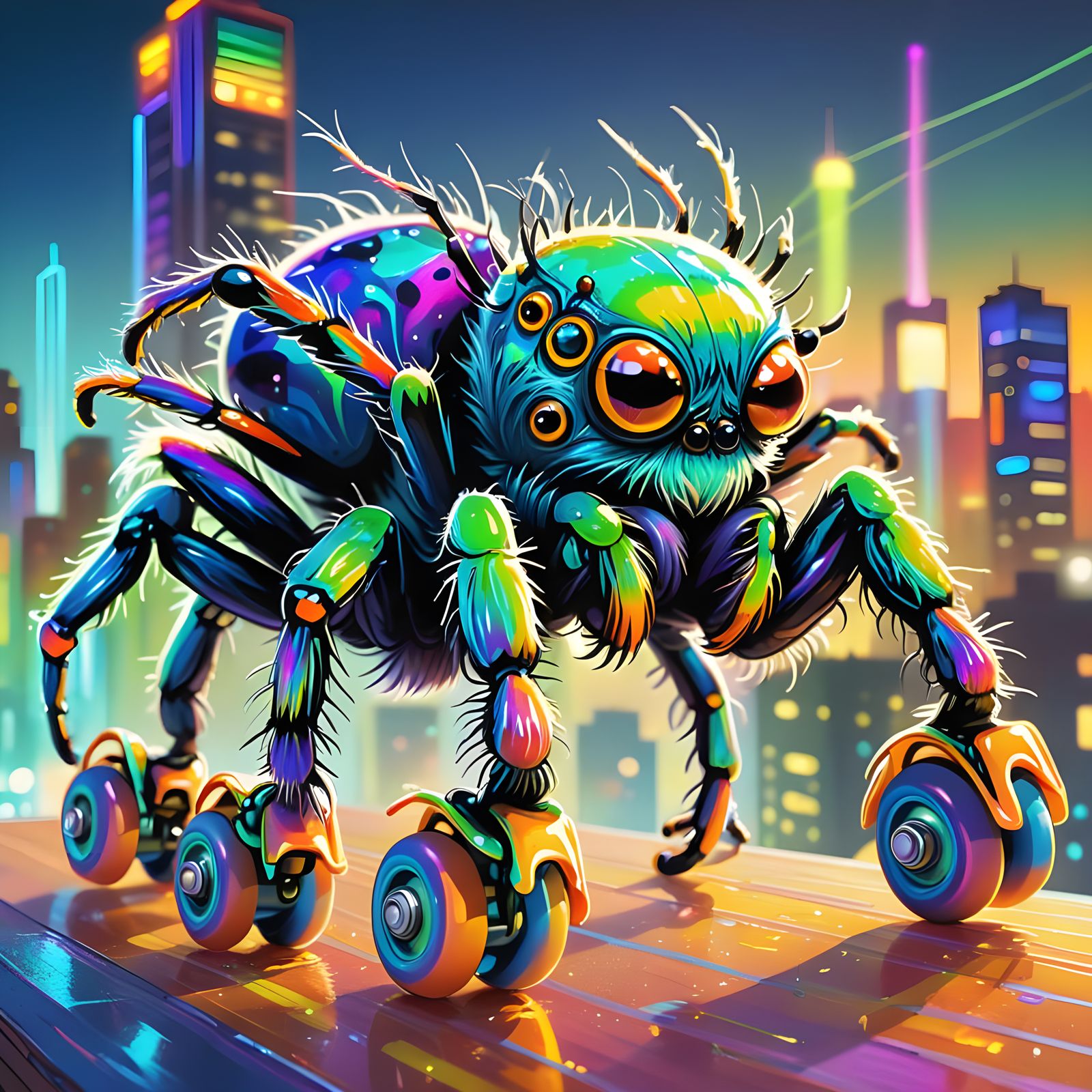 Vibrant Rainbow Spider Skates in a Fantastical Splash Screen