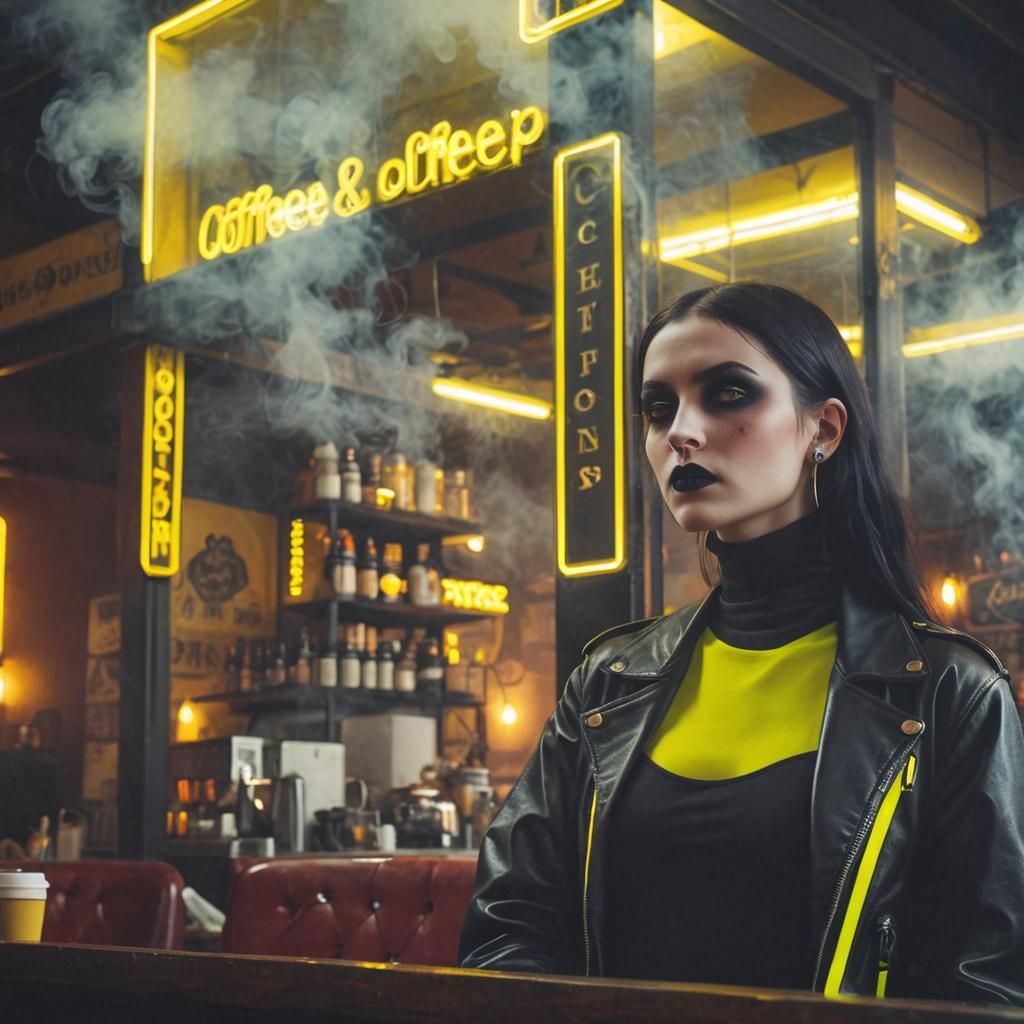 Goth Model in Neon Lit Coffee Shop
