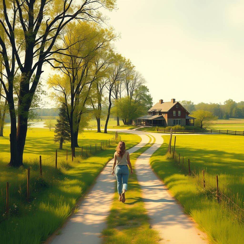 Woman Walks Country Road in Impressionist Style