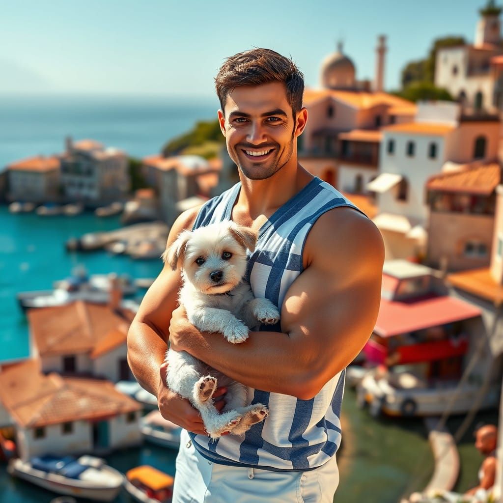 Confident Giga Chad in Sunlit Spanish Port Bay