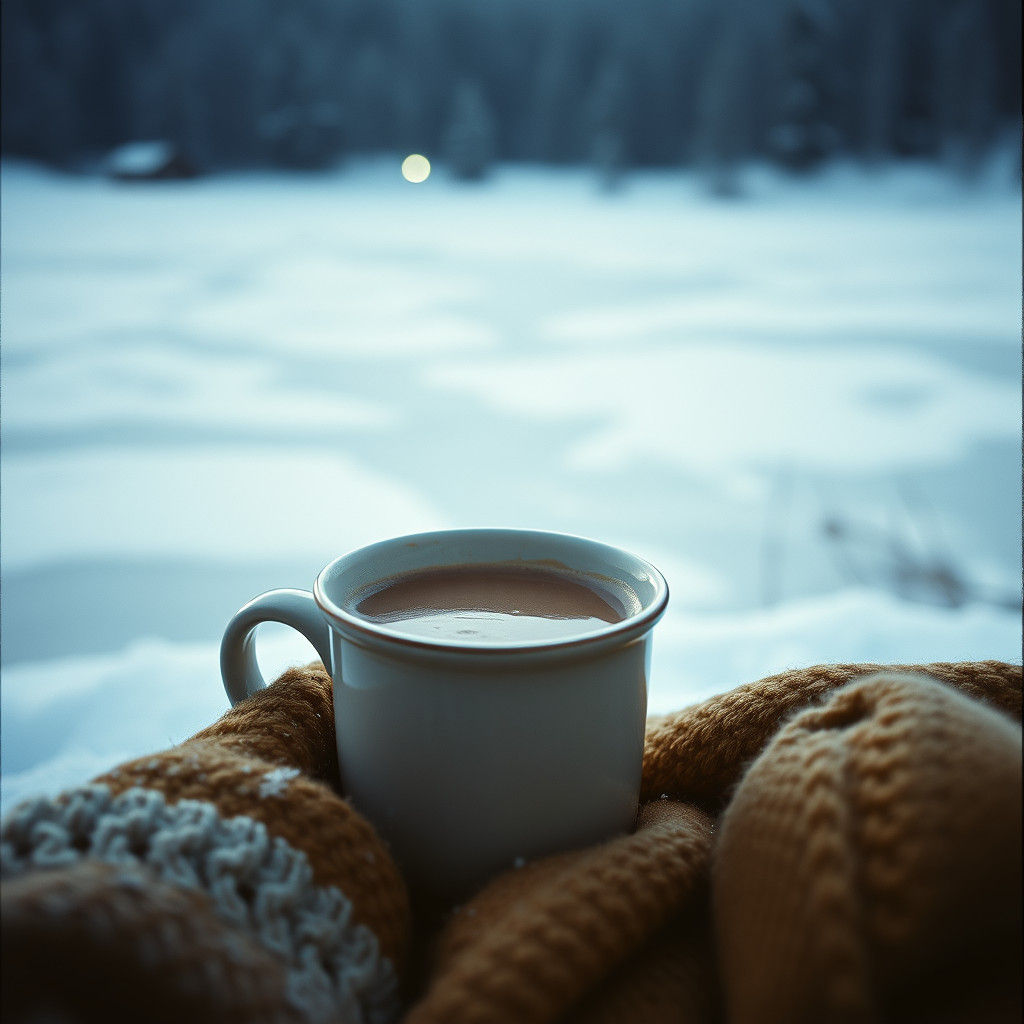 Cozy Hot Chocolate by Frozen Winter Lake