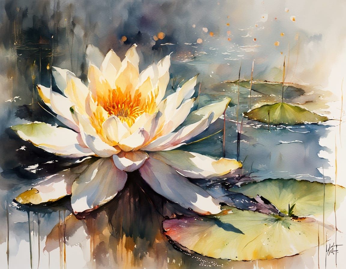 Waterlily in Mist: Watercolor Painting with Golden Light