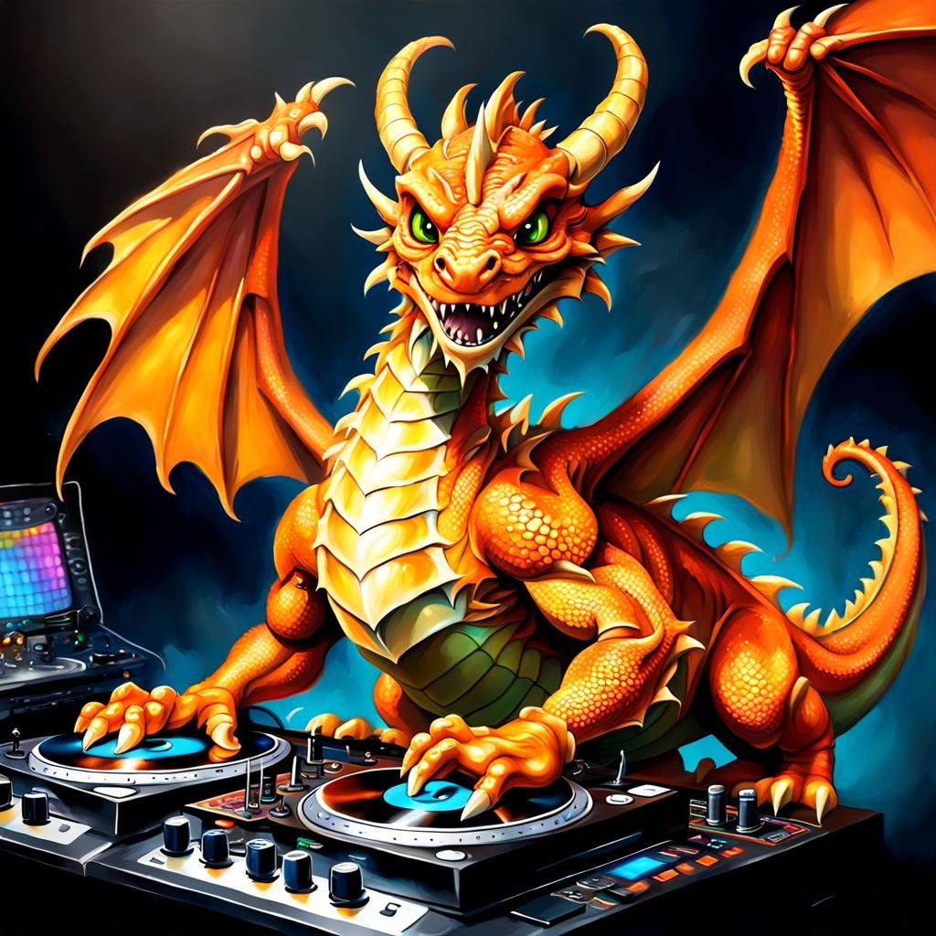 Orange Dragon DJ in Airbrush Oil Painting Style