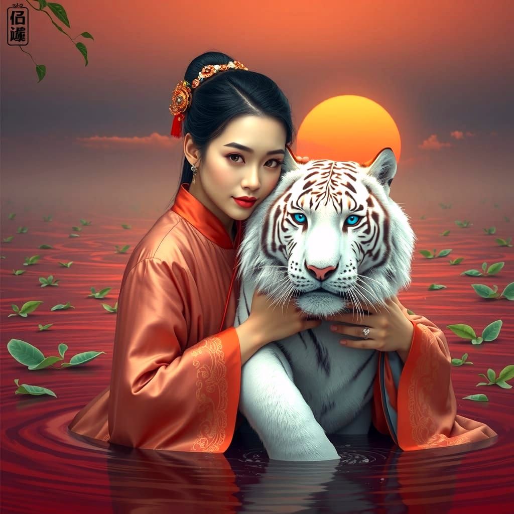 Chinese Woman Embraces White Tiger in Sunset