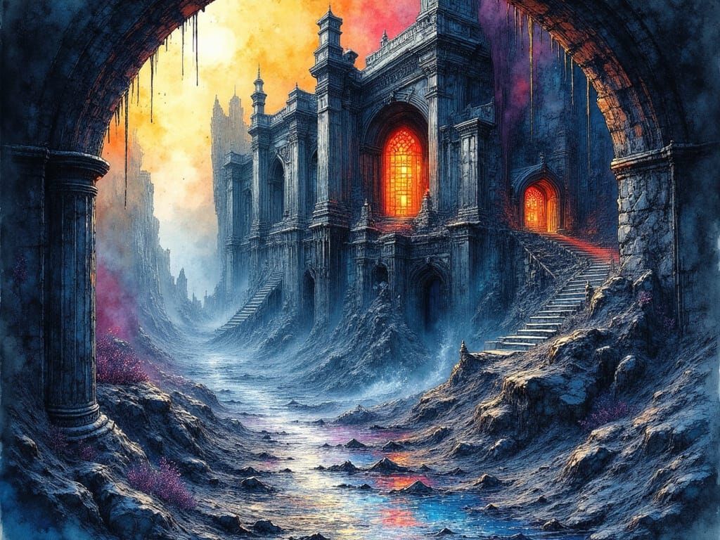 Ancient Temple in Inky Abyss