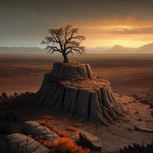 Desolate Wasteland with Lone Figure in Setting Sun