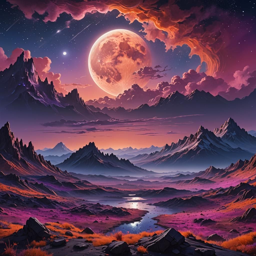 Ethereal Moon in Vibrant Sky, Digital Art