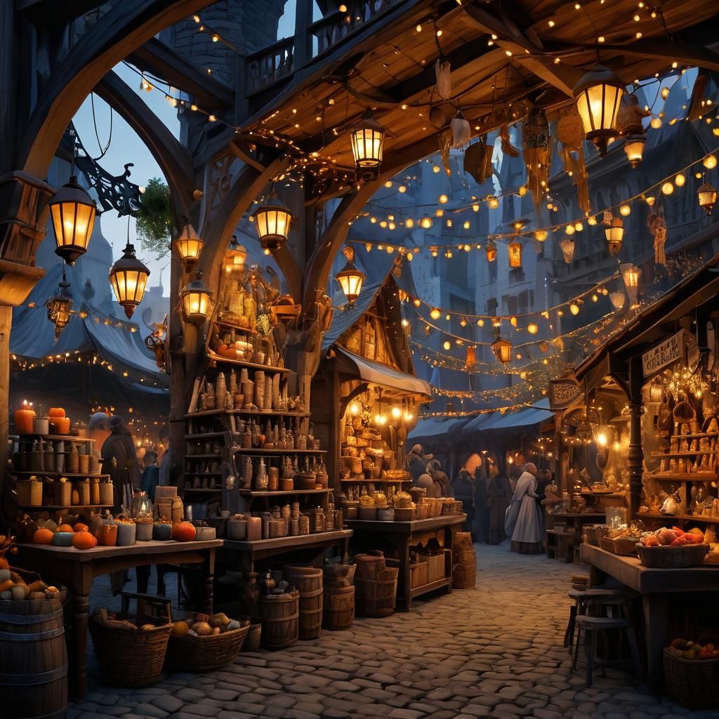 Enchanted Market Scene in Arthur Rackham Style