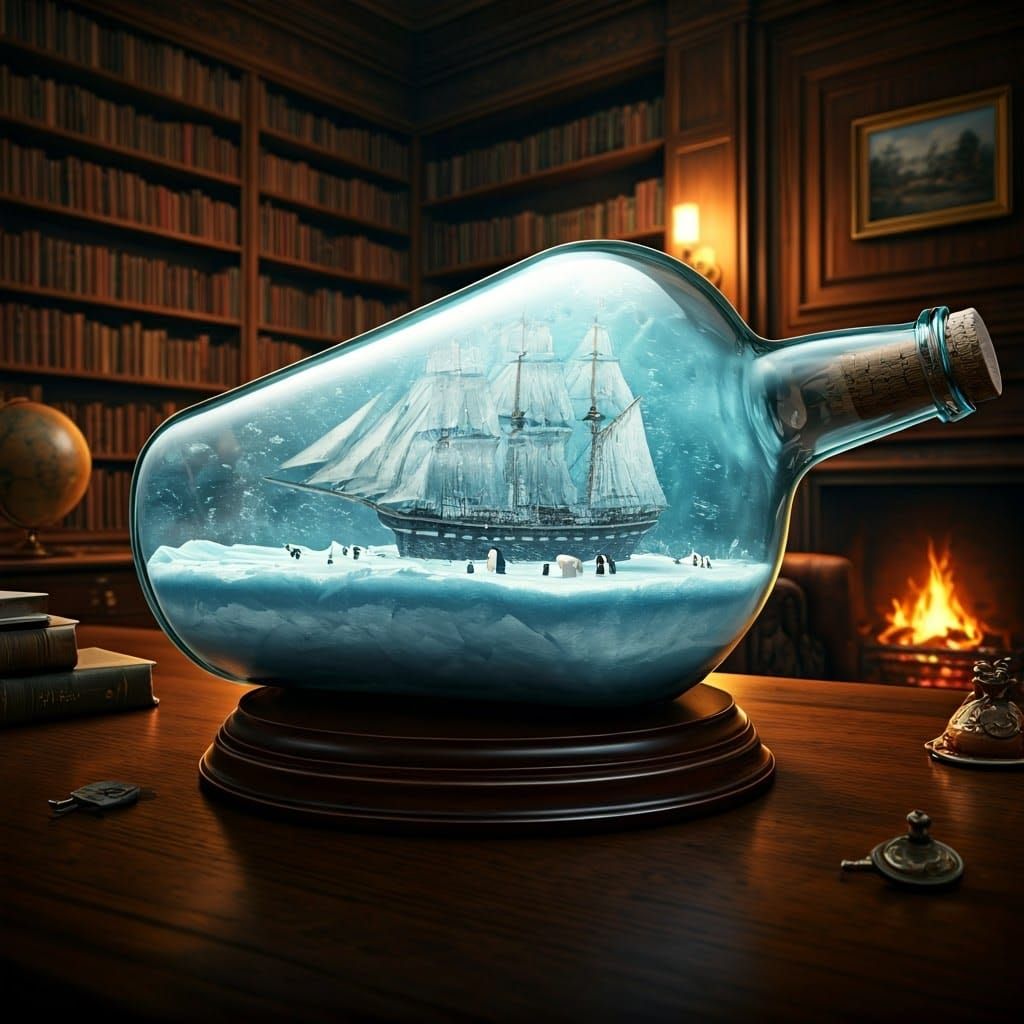 Arctic Ship in Glass Bottle: Whimsical Study Scene