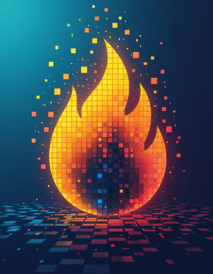 logo features a modern, stylized flame made of small digital...