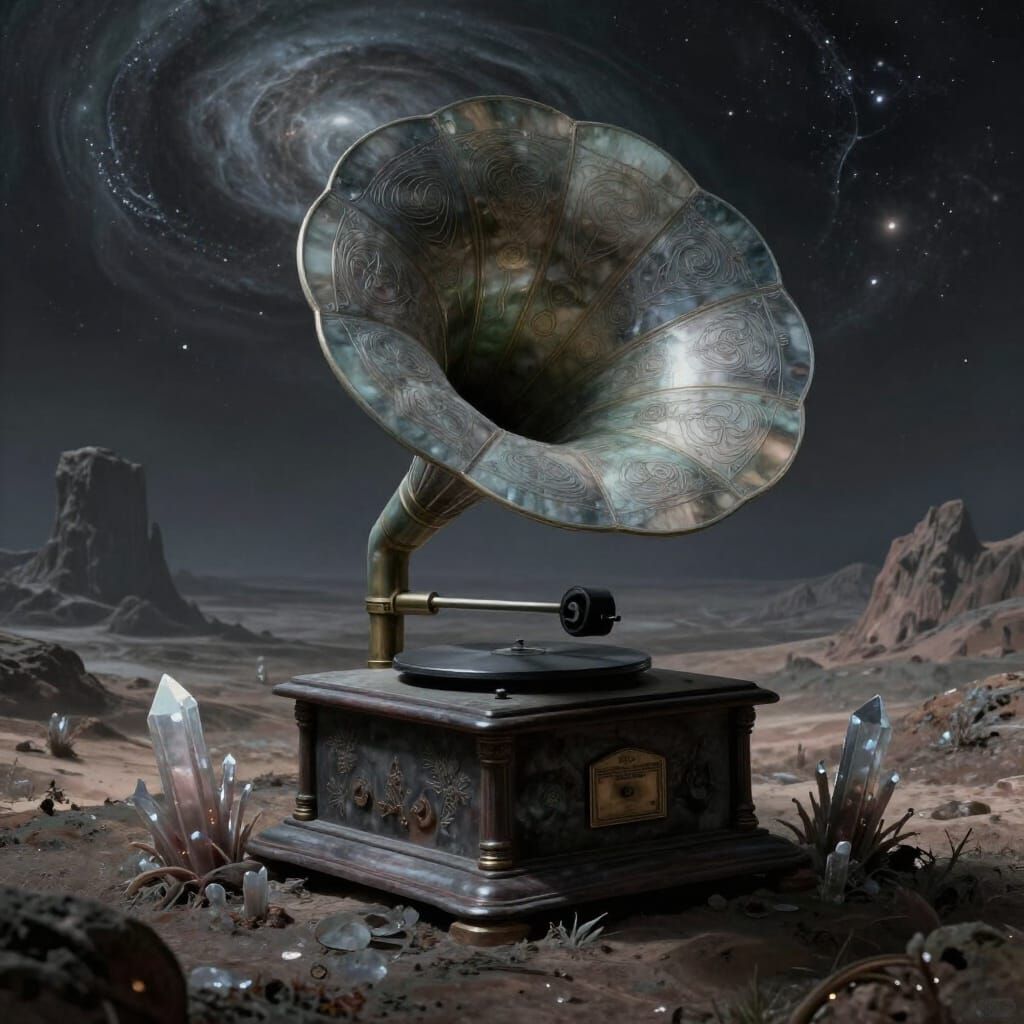 Obsidian Gramophone on Alien Mesa in Cosmic Horror Style