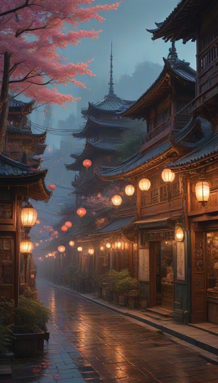 Steampunk Japanese Marketplace at Dusk