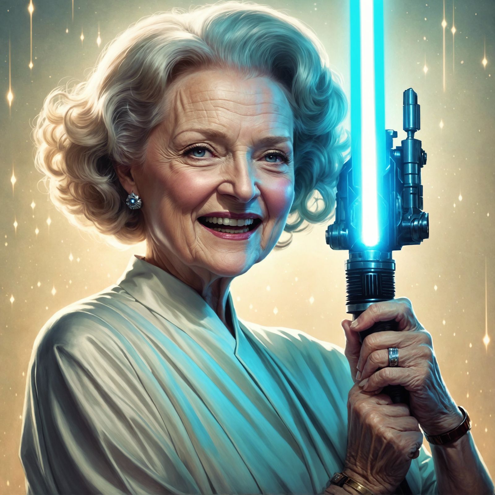 Betty White with Lightsaber in Pin-Up Style