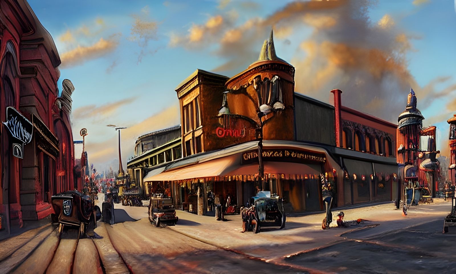 Steampunk Main Street: Pacific Northwest Oil Painting