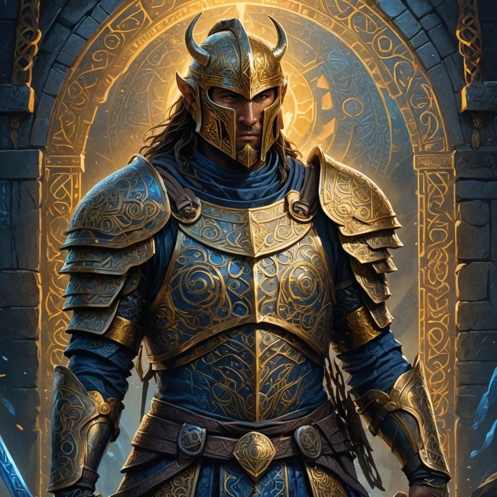 Mystical Armored Warrior Amidst Ancient Runes