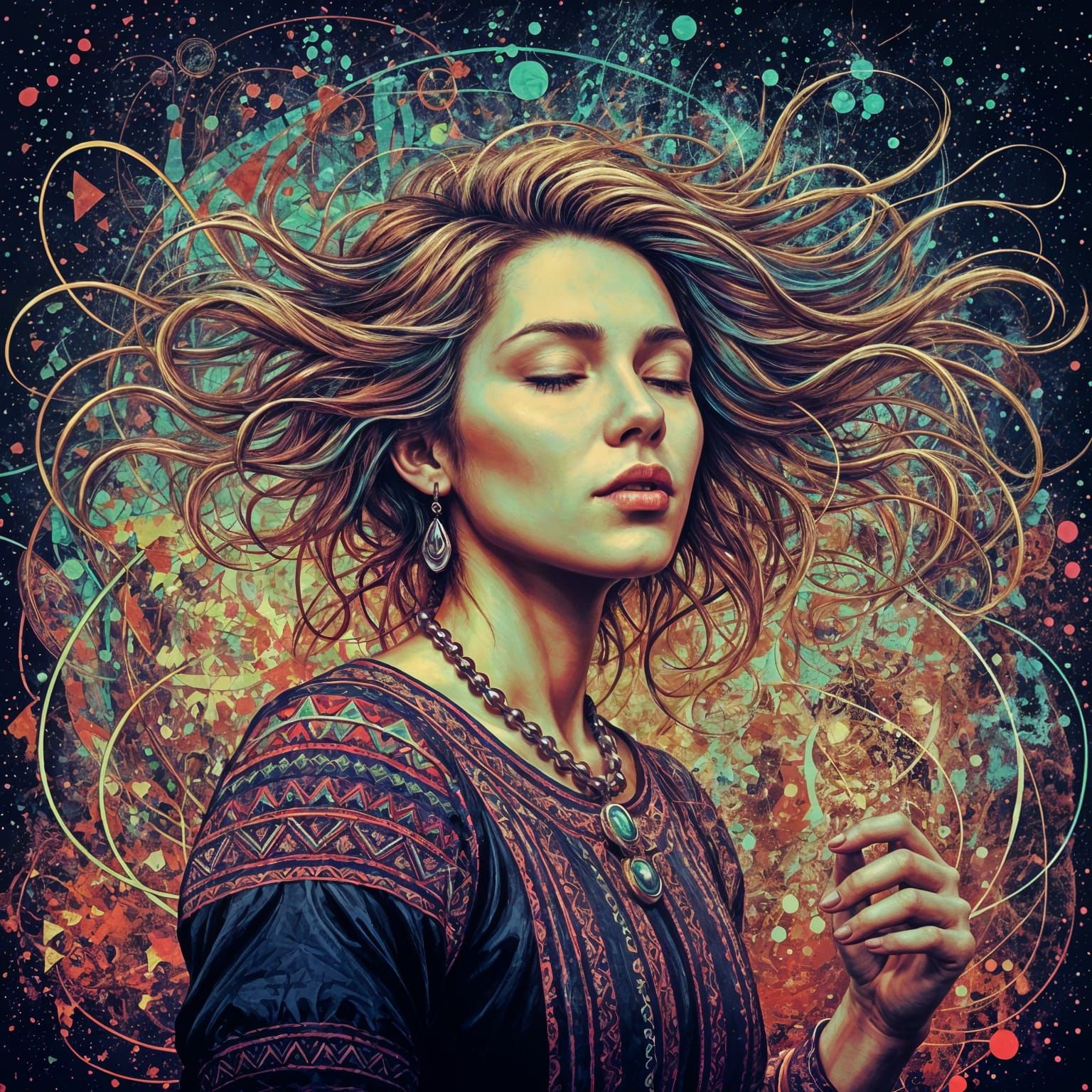 Dreamscape: Woman with Flowing Hair in Geometric Abstraction