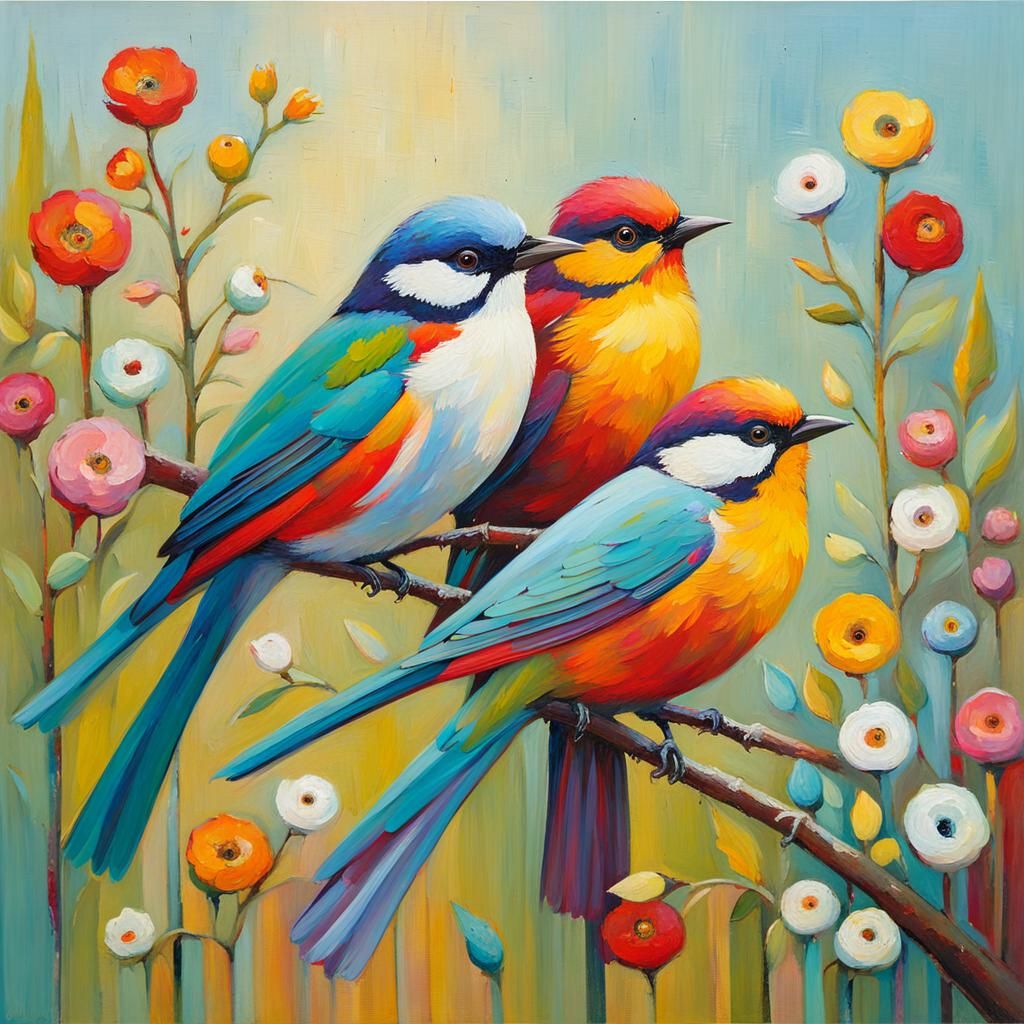 Colorful Birds in Neo-Impressionist Oil Painting