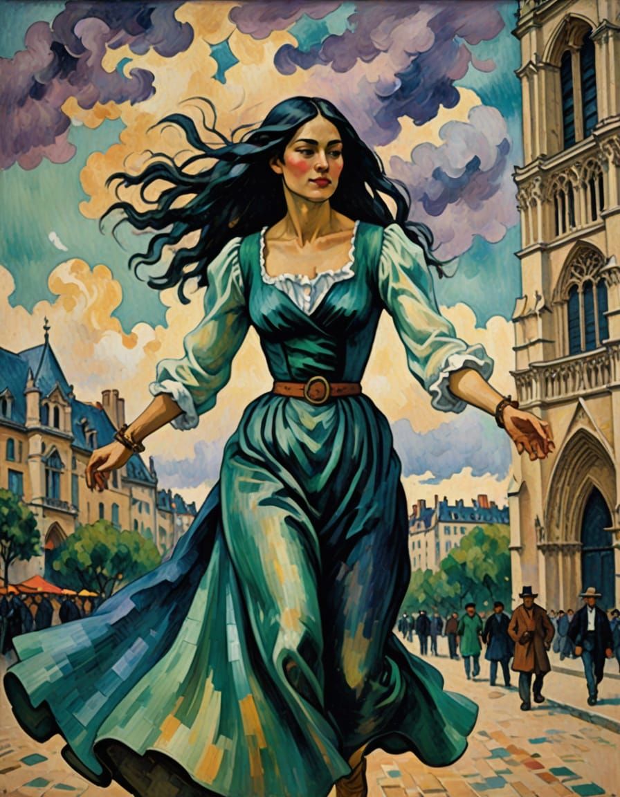 Expressionist Oil Painting of a Dancer at Notre Dame
