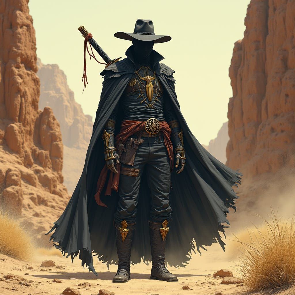 Dark Fantasy Ninja Cowboy Silhouette in Sunset Canyon