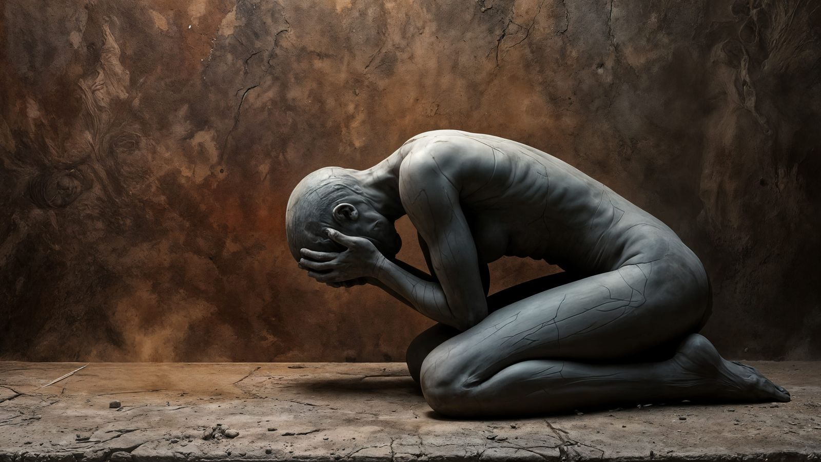 Sculptural Clay Figure Expressing Exhaustion and Despair