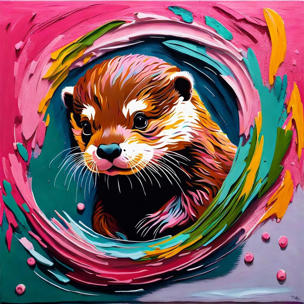 impasto thick paint colorful baby otter pink
