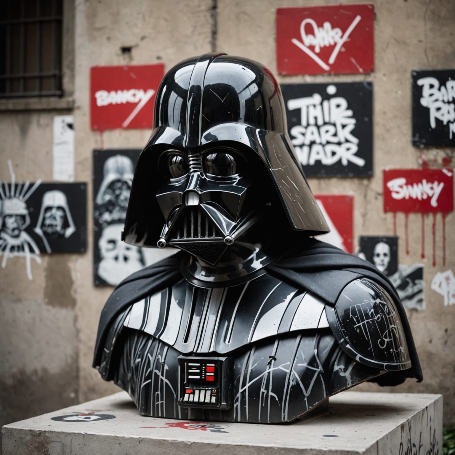Darth Vader Marble Bust with Banksy Graffiti
