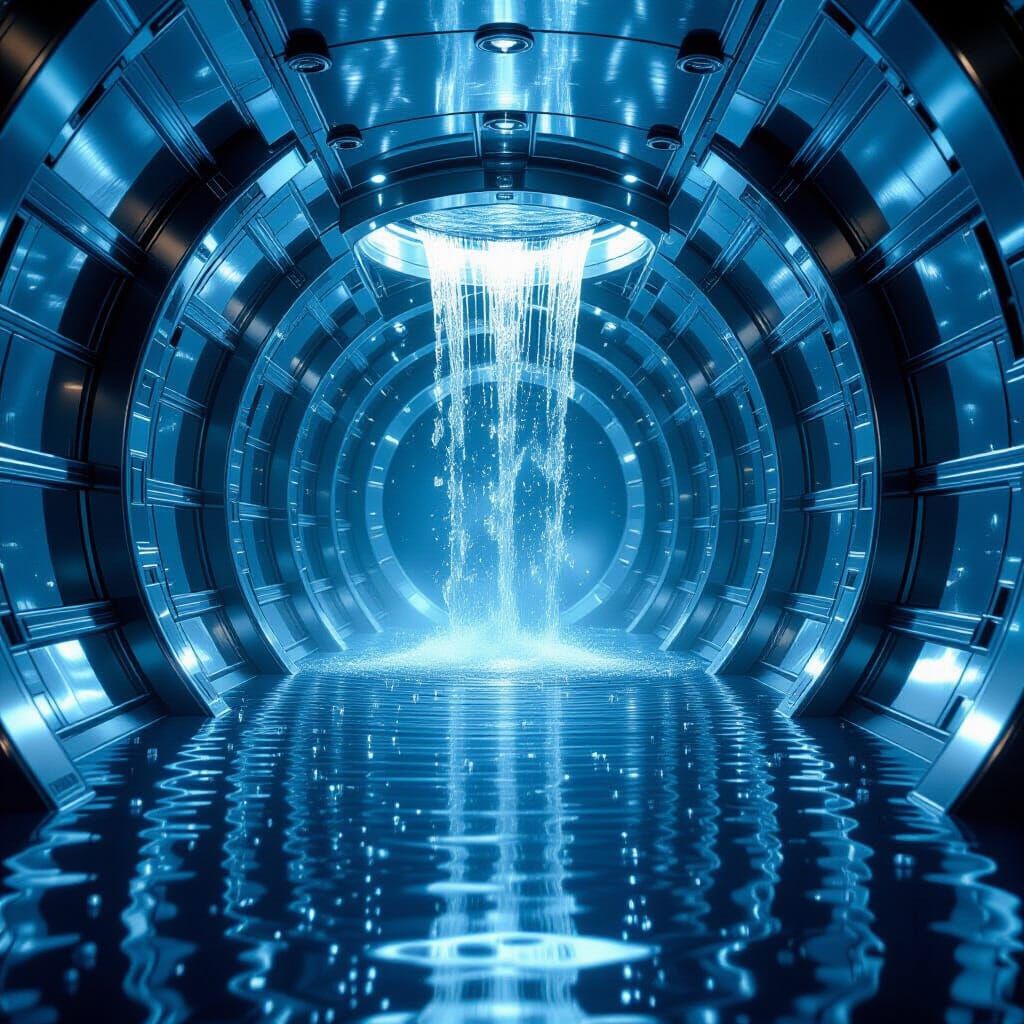 Futuristic Spaceship Corridor with Waterfall in Surreal Styl...