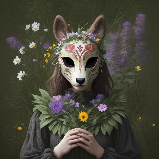 Eerie Animal Mask in Wildflower Folklore Scene