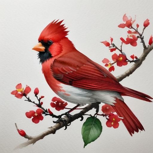 Vibrant Cardinal on Apple Blossom Branch, Watercolor Paintin...