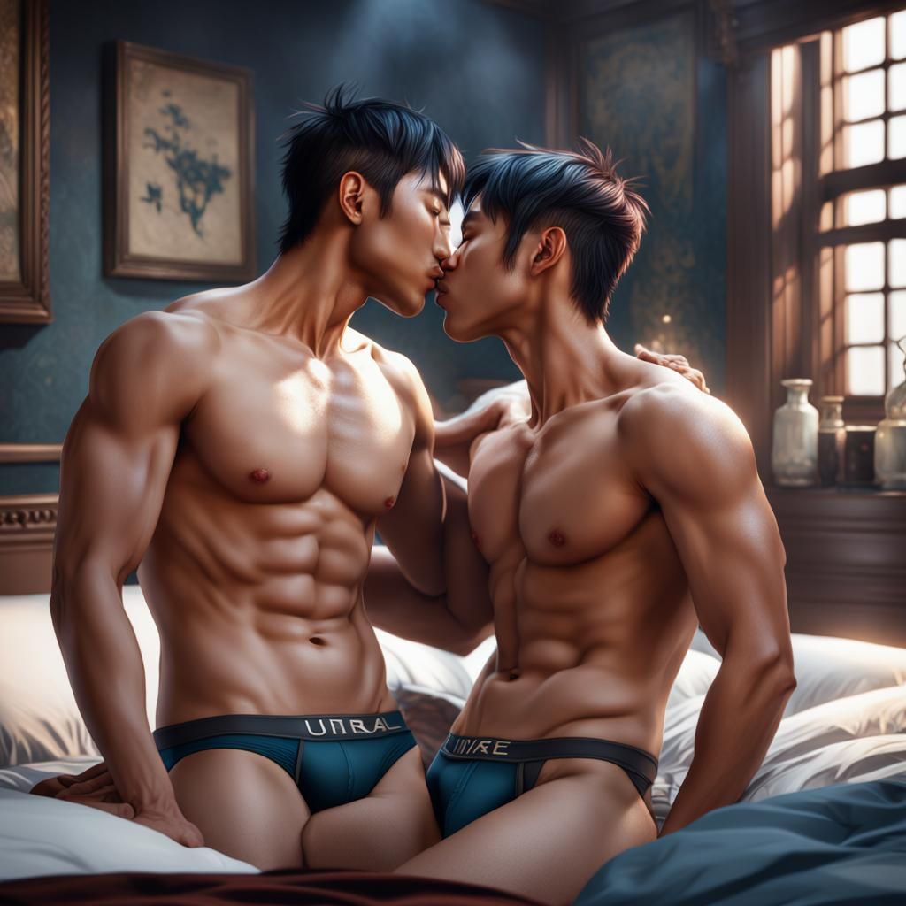 Intricate Painting of Two Boys Kissing