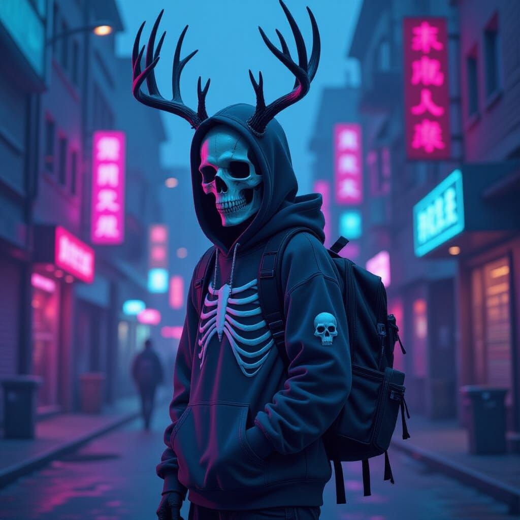 Skeletal Wendigo in Cyberpunk Cityscape