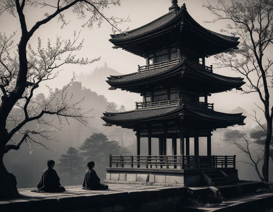 Japanese Pagoda in Neo-Traditional Ink Style with Serene Wom...
