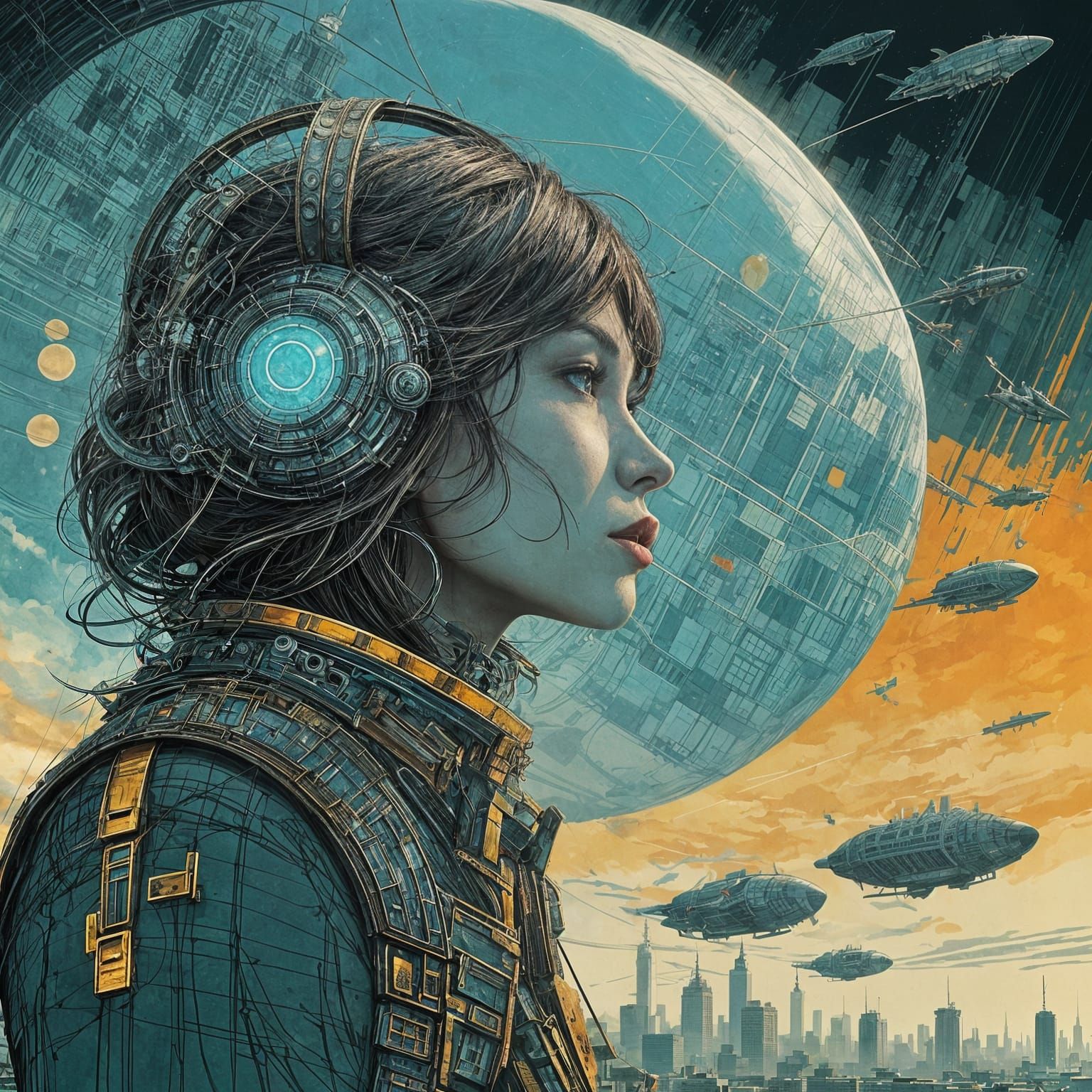 Retro-Futuristic Cityscape with Airships in Double Exposure