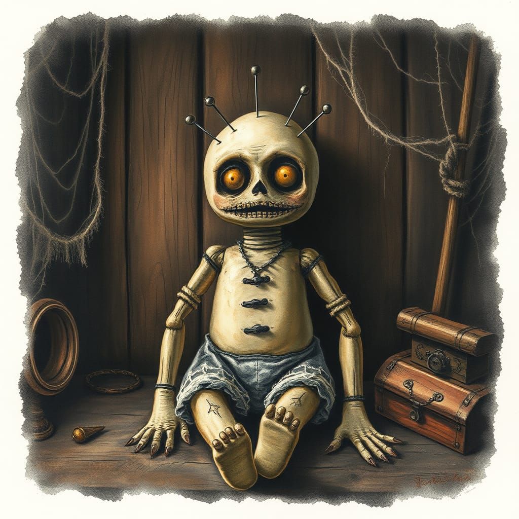 Creepy Vintage Voodoo Doll in Dark Room