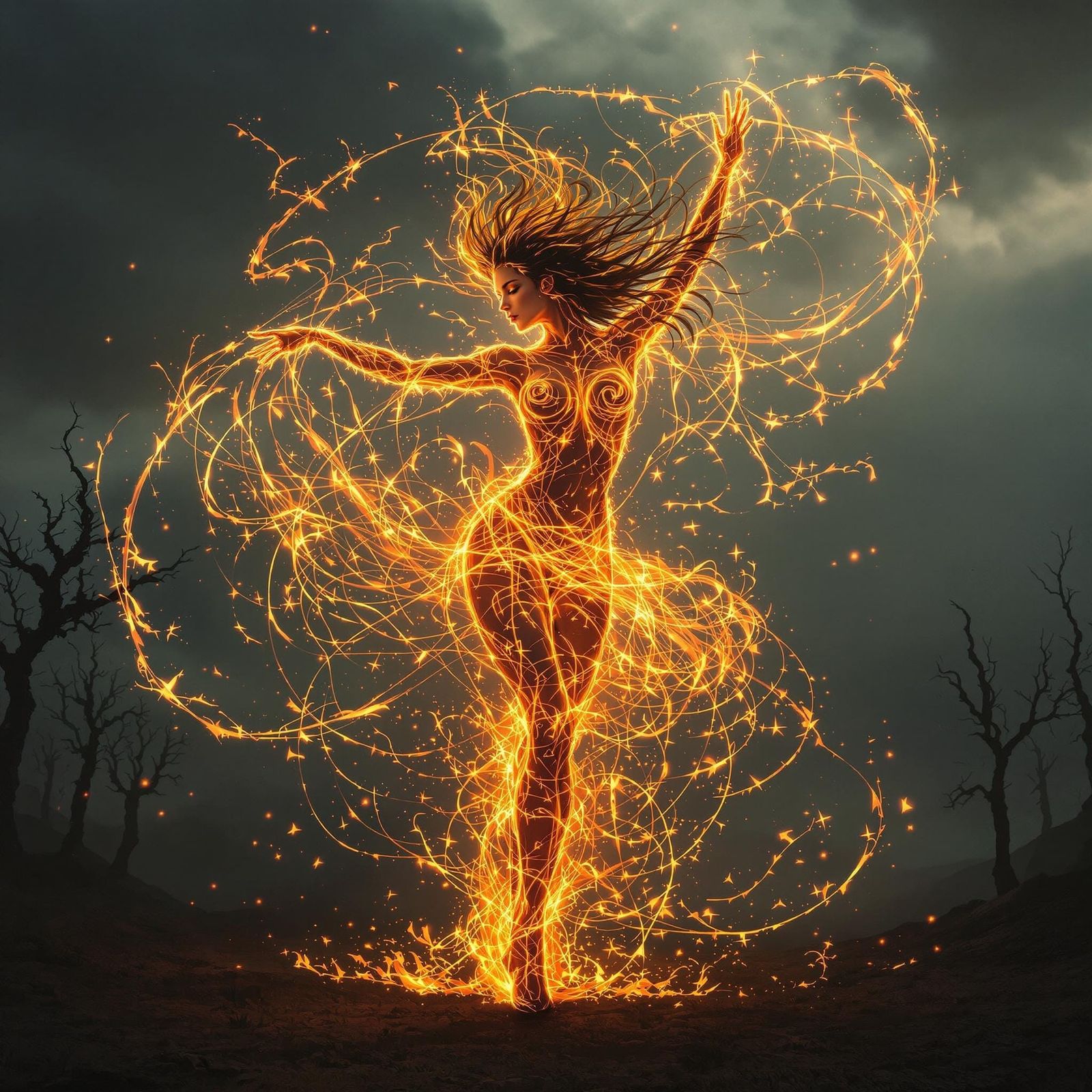 Majestic Fire Dancer Amidst Stormy Skies